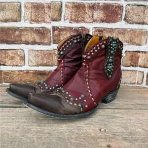 Old Gringo Burgundy and Brown Ankle Boots with Turquoise Accents Cherrie 8.5